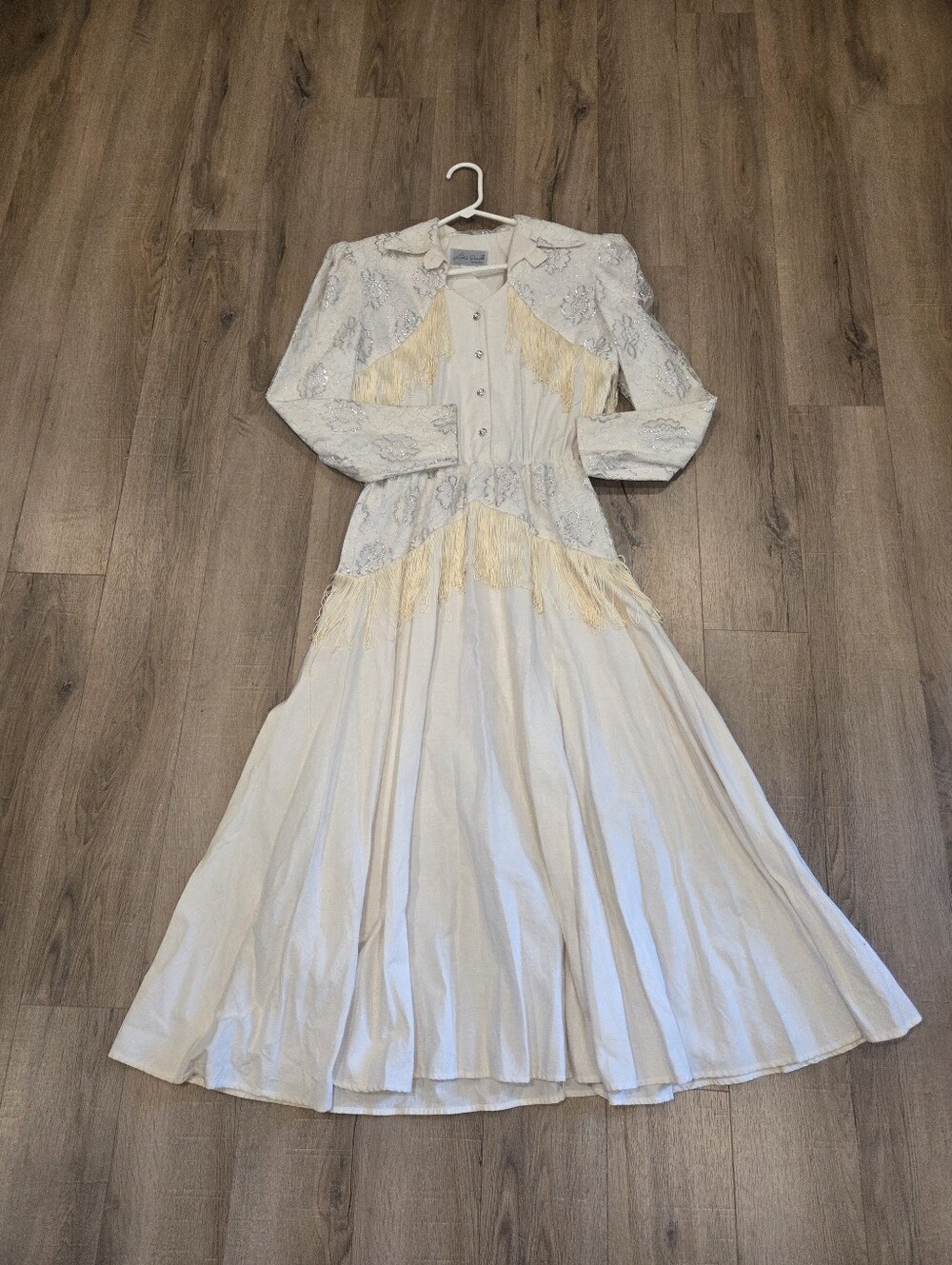 VTG 80s Lilia Smitty Fringe Dress Sz 9/10 Maxi Ivory Silver Lace Western Wedding